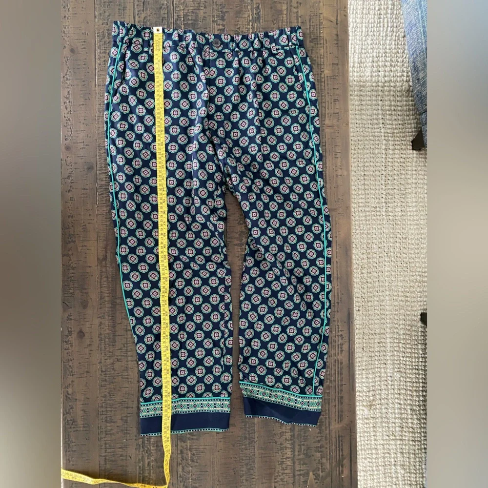 J.Crew Printed Slim (100%) Silk Pants | Navy & Green Pattern | Size 12 Like New